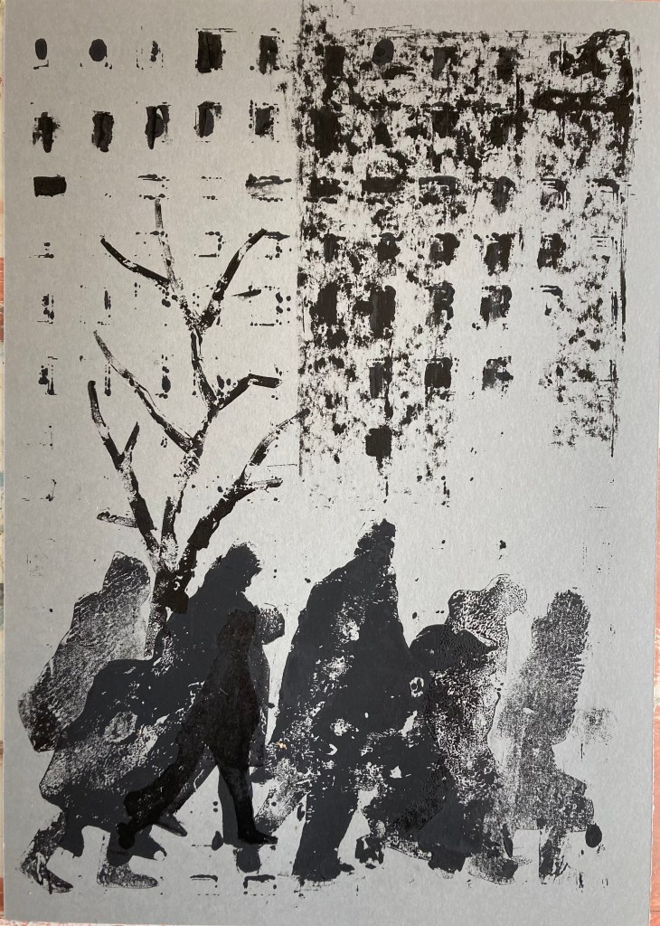 monotype van vluchtelingen voor flatgebouw